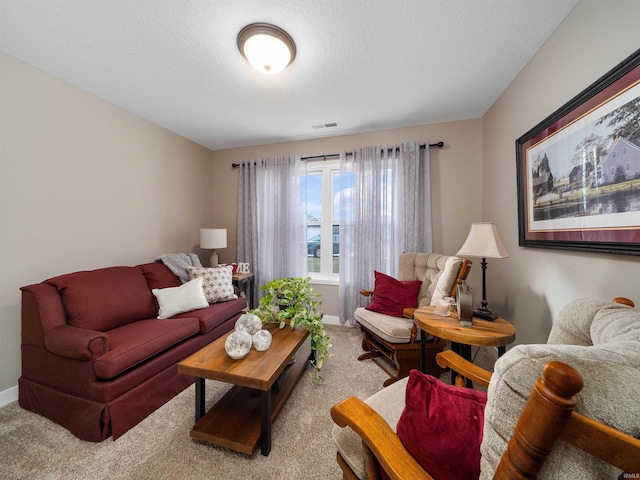 carpeted living room with a textured ceiling