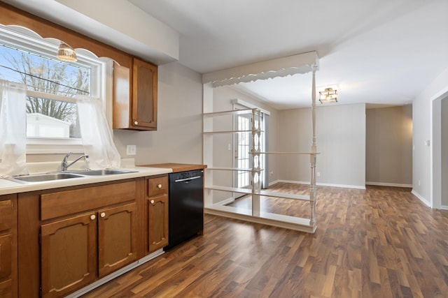 kitchen featuring black dishwasher, dark wood-type flooring, and sink