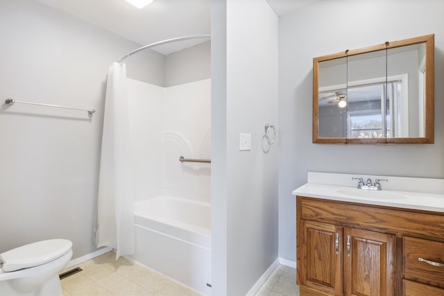 full bathroom with shower / bathtub combination with curtain, vanity, and toilet