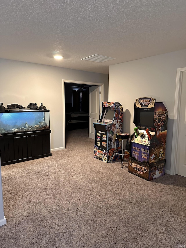 interior space featuring carpet floors and a textured ceiling