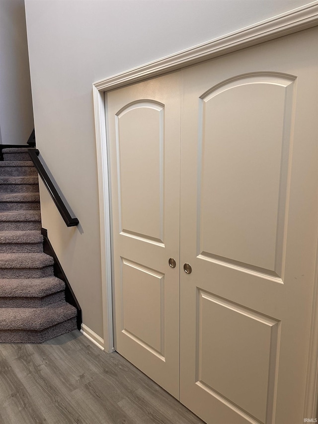 staircase with hardwood / wood-style floors