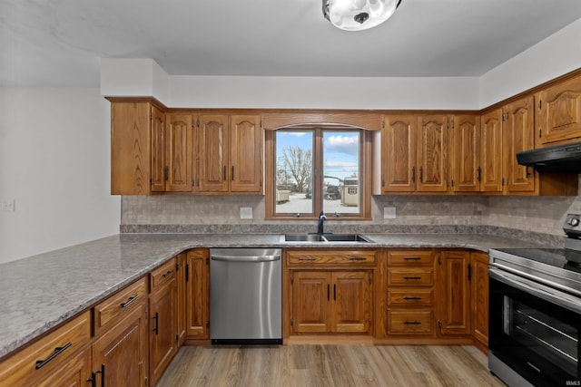 kitchen with appliances with stainless steel finishes, tasteful backsplash, sink, light hardwood / wood-style floors, and range hood