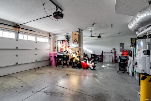 garage featuring electric panel, water heater, and a garage door opener