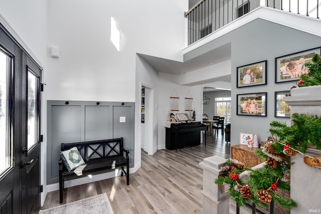 foyer entrance with a towering ceiling and light hardwood / wood-style flooring