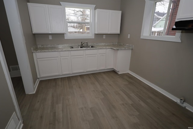 kitchen with white cabinetry, sink, wood-type flooring, and light stone countertops