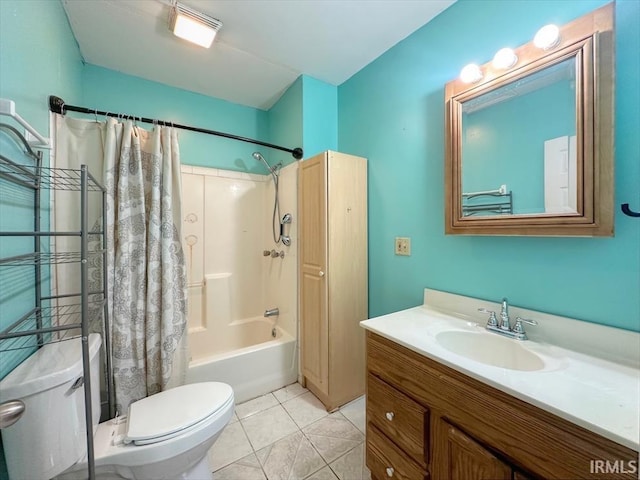 full bathroom with tile patterned flooring, vanity, shower / tub combo, and toilet