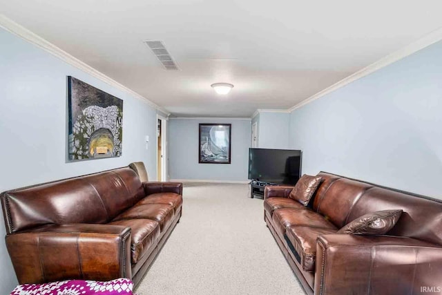 living room featuring light colored carpet and crown molding