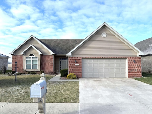 single story home featuring a front yard and a garage