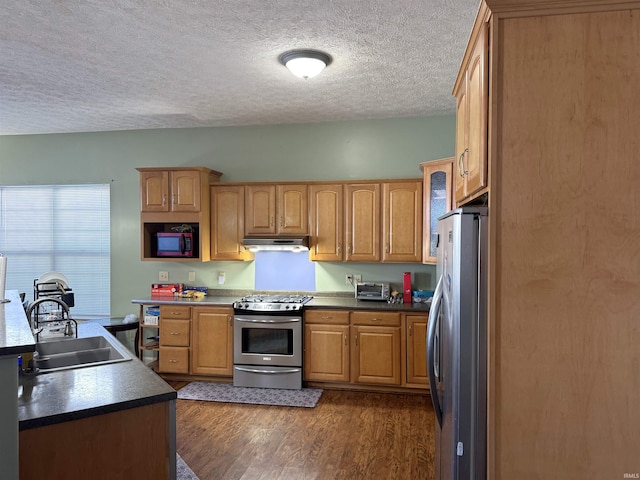 kitchen with a textured ceiling, sink, stainless steel appliances, and dark hardwood / wood-style floors