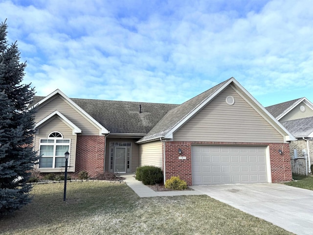 single story home with a garage and a front yard