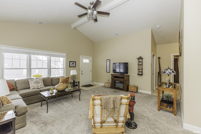 living room featuring light carpet, beamed ceiling, high vaulted ceiling, and ceiling fan