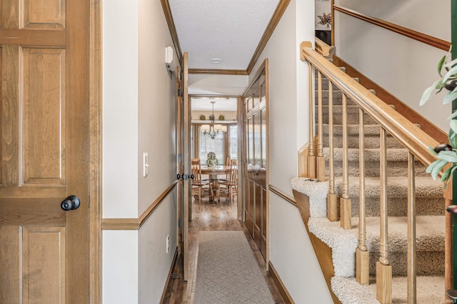 hall featuring dark hardwood / wood-style floors, ornamental molding, a textured ceiling, and a chandelier