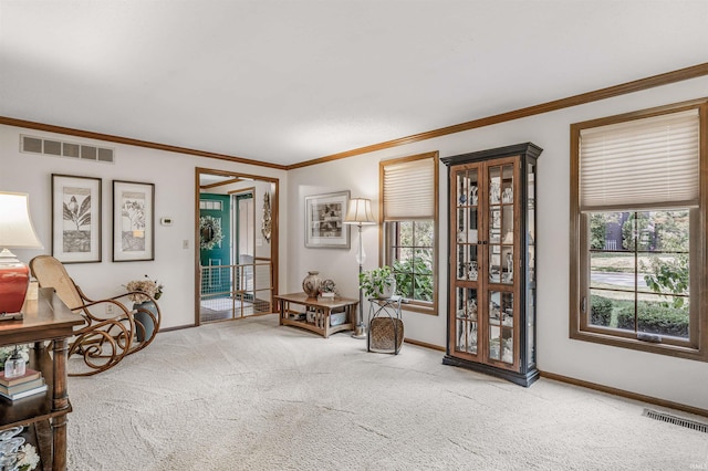 living area featuring carpet floors, a healthy amount of sunlight, and ornamental molding