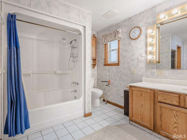 full bathroom with shower / bath combo, tile patterned flooring, a textured ceiling, toilet, and vanity