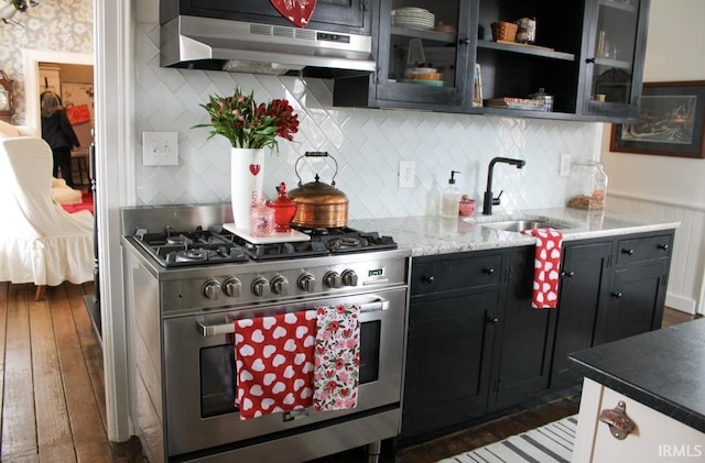 kitchen with sink, double oven range, backsplash, and exhaust hood