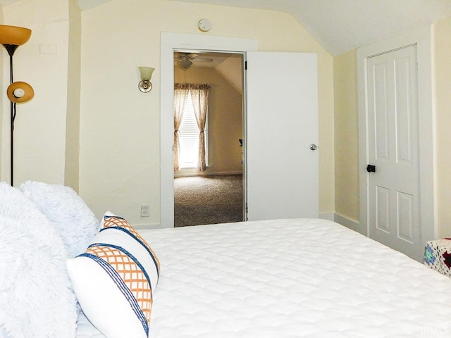 bedroom with carpet floors, a closet, and lofted ceiling