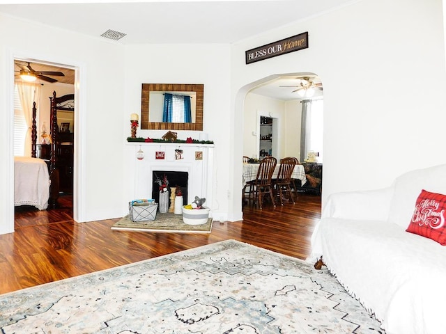 living room featuring ceiling fan and hardwood / wood-style floors