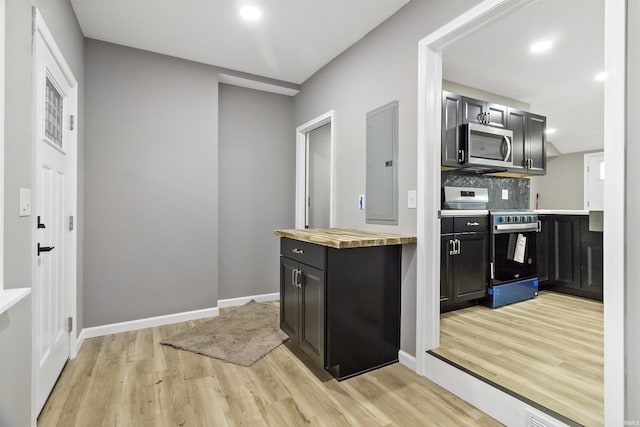 kitchen with wood counters, backsplash, electric panel, light wood-type flooring, and electric range oven