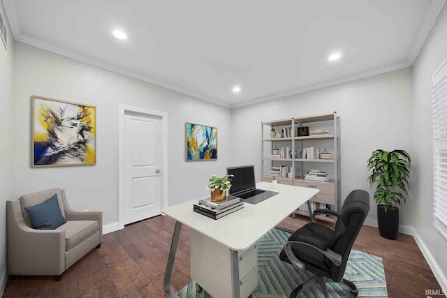 office space featuring dark hardwood / wood-style flooring and ornamental molding