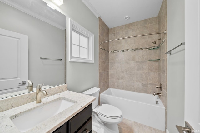 full bathroom with crown molding, vanity, tiled shower / bath combo, and toilet