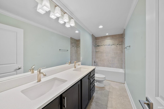 full bathroom with vanity, toilet, tiled shower / bath, and ornamental molding