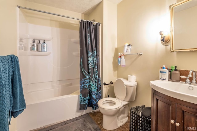 full bathroom featuring vanity, shower / bathtub combination with curtain, a textured ceiling, and toilet