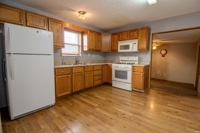 kitchen featuring a textured ceiling, white appliances, sink, and light hardwood / wood-style flooring