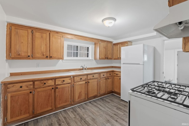 kitchen with sink, white refrigerator, light hardwood / wood-style floors, exhaust hood, and range