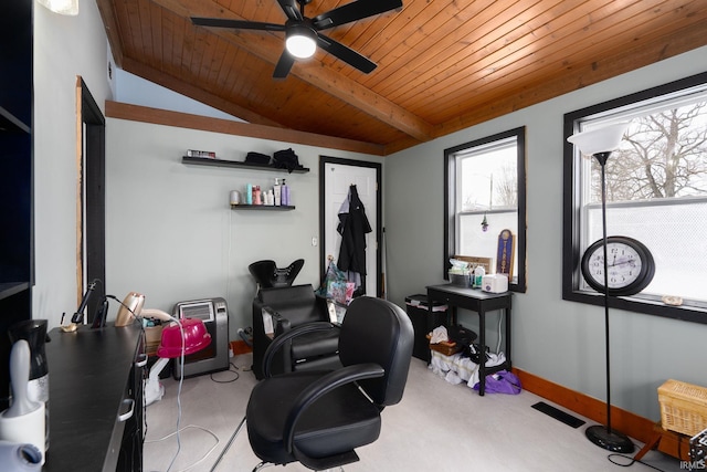 interior space with ceiling fan, wood ceiling, and vaulted ceiling