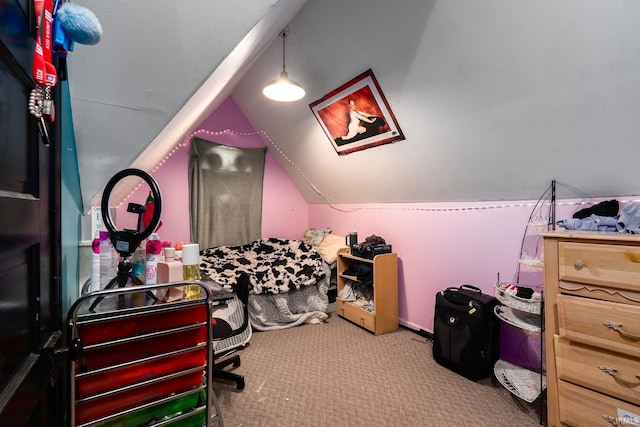 interior space featuring carpet and lofted ceiling