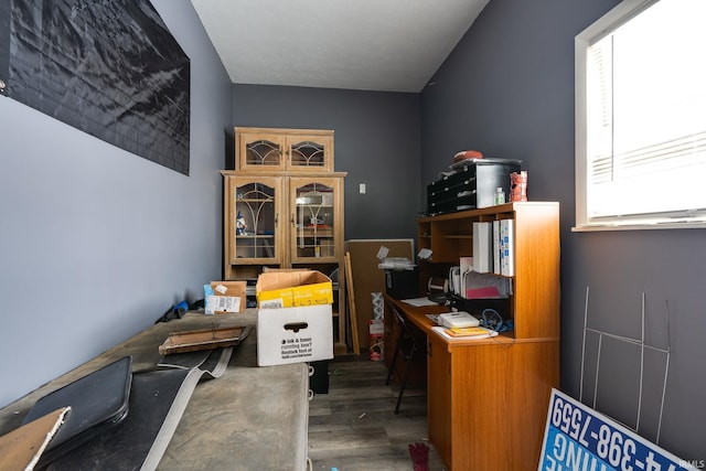 office with dark hardwood / wood-style flooring