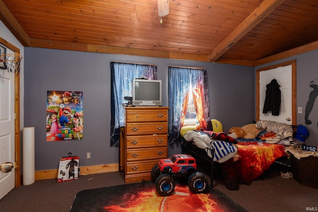 bedroom with lofted ceiling with beams, carpet, and wood ceiling