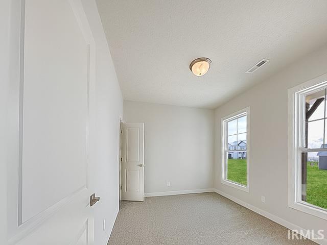 spare room with a textured ceiling and light colored carpet