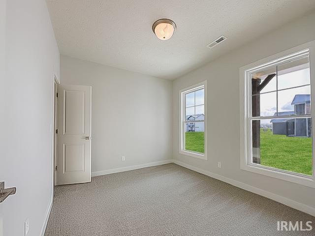 empty room with light carpet and a textured ceiling