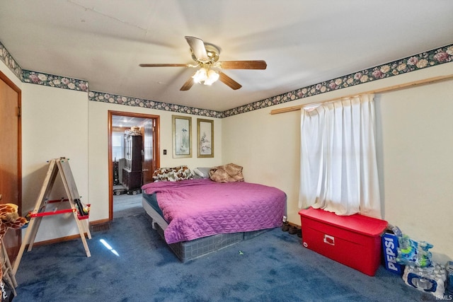 bedroom featuring carpet flooring and ceiling fan