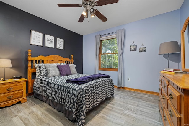 bedroom featuring light hardwood / wood-style floors and ceiling fan