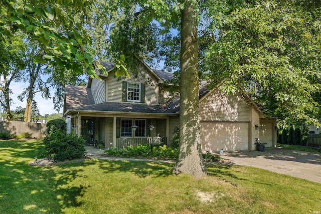 view of property featuring a porch, a garage, and a front yard