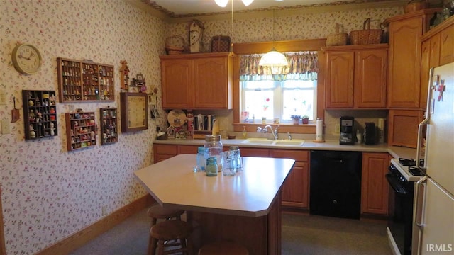 kitchen featuring white appliances, sink, decorative light fixtures, a kitchen island, and a kitchen bar