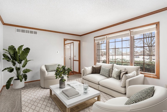 living room with crown molding, light colored carpet, and a textured ceiling