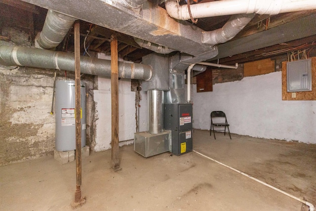 basement with electric panel and gas water heater