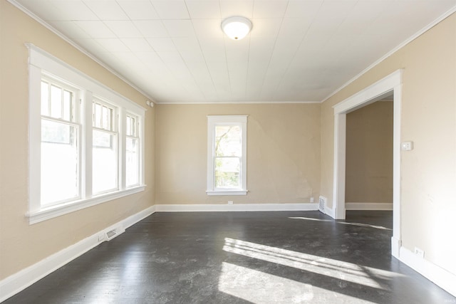 empty room with ornamental molding and dark wood-type flooring