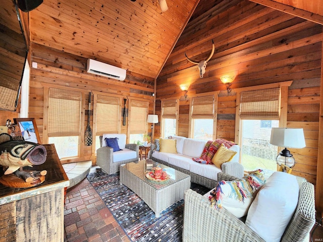 living room featuring wood walls, lofted ceiling, and a wall mounted AC