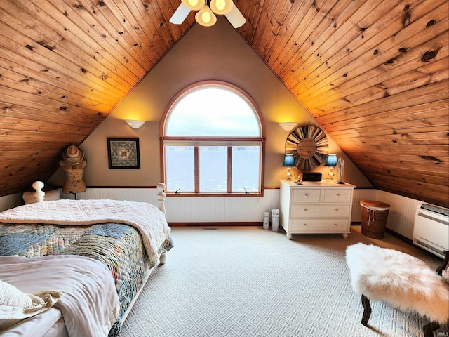 carpeted bedroom with vaulted ceiling, ceiling fan, and wooden ceiling