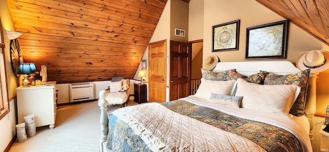 bedroom with light carpet, vaulted ceiling, and wood ceiling