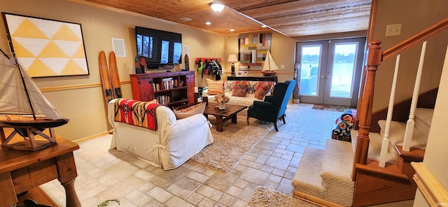 living room with wooden ceiling and french doors