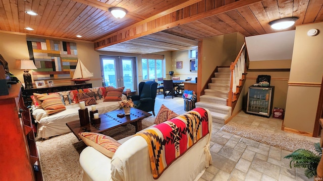 living room with french doors and wood ceiling