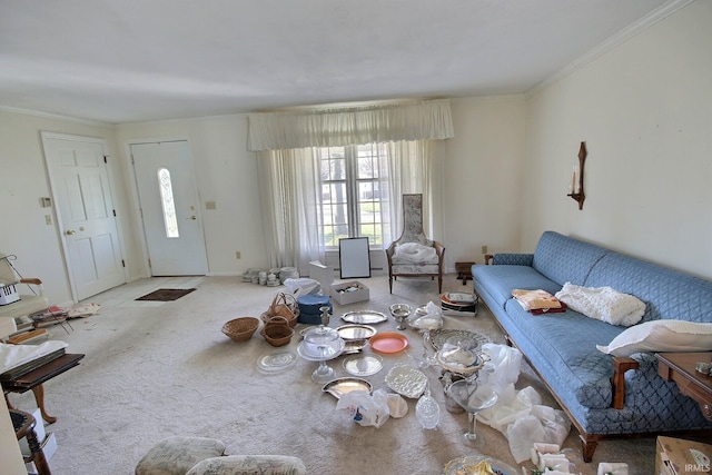 carpeted living room featuring ornamental molding