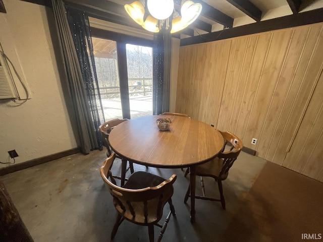 dining area featuring wooden walls