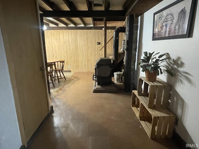 interior space featuring wood walls