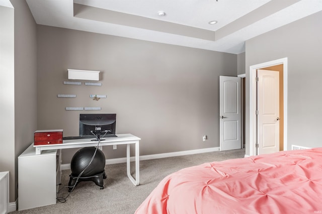 carpeted bedroom featuring a tray ceiling